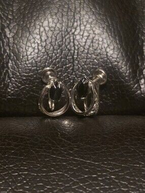 Vintage Sterling Silver 925 Titan Black Stone Loop Screwback Earrings